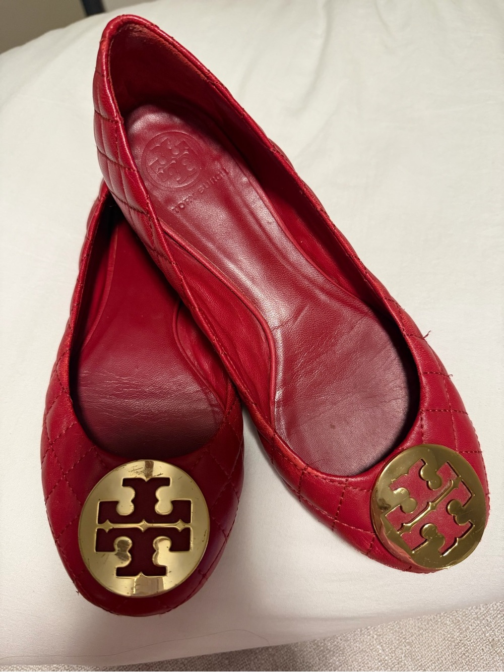 Tory Burch Quinn Quilted Lesther Flats Carnival Red w/ Gold